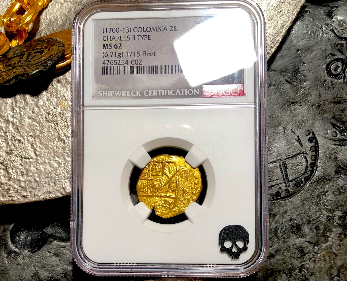COLOMBIA 2 ESCUDOS RARE 1703 CHARLES II 1715 FLEET SHIPWRECK NGC