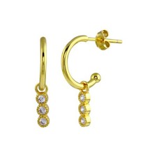Sterling Silver Yellow Gold Plated Semi Hoop Earrings w/ Dangling CZ Stones Bar