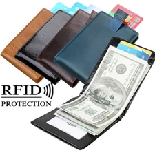 Men RFID Blocking Bifold Slim Leather Minimalist Front Pocket Cash Clip Wallet
