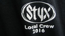 Styx local crew t-shirt , guitar pick , & backstage pass 2016