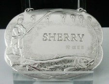 Sterling Silver SHERRY Decanter Label, Fishing Angling David Shaw Silverware Ltd