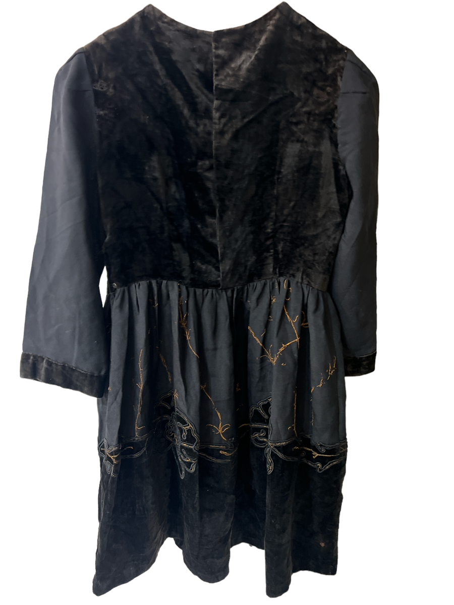 black velvet dress gold buttons Antique Girls Handmade Sewn Gold Embroidery Goth green