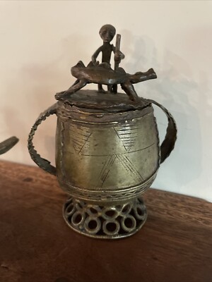 African Cast Bronze Gold Dust Vessel Kuduo Ashanti Tribe Ghana 9 H Caymen