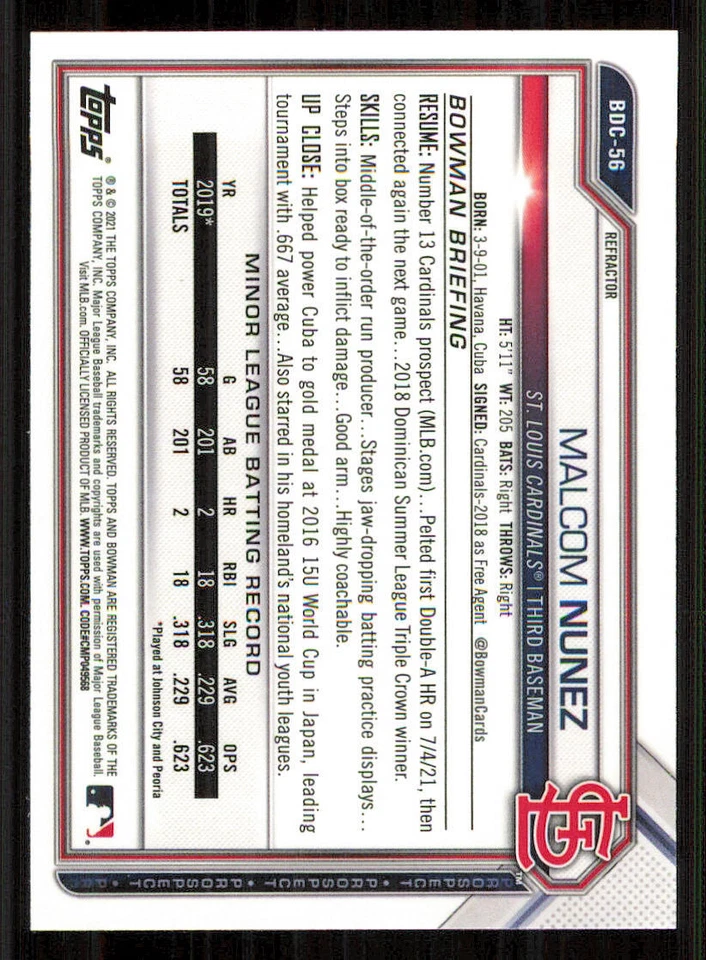 2021 Bowman Chrome Draft Refractors #BDC56 Malcom Nunez - Image 2 of 2