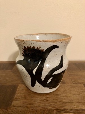 Handmade Studio Pottery Vase   Speckled Glaze with Brushstroke Design   Signed