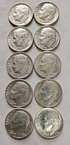 Lot of 10 - U.S. 90% Silver Roosevelt Dimes 1962- 1964 P D XF $1 Face #24