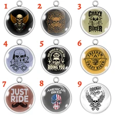 Biker Glass Cabochon Charms – Funny Skull & Motorcycle Designs – 3 Sizes