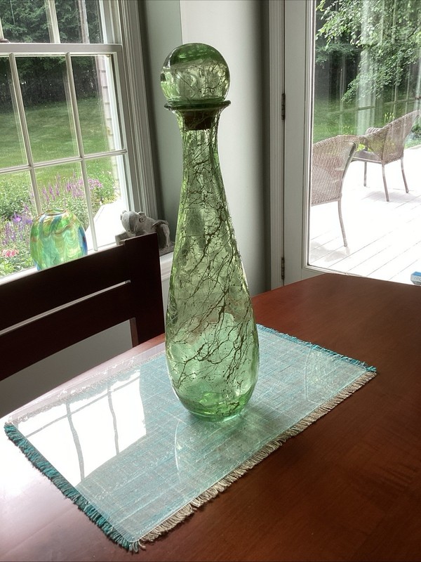 MCM Spanish Art glass Modern Green Glass Spaghetti Splatter Decanter Bottle 18”
