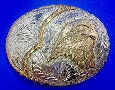 American Bald Eagle Head Engraved Ornate Western ADM Silversmiths Belt Buckle