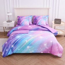 Rainbow Bedding Set Twin Size   7 Piece Reversible Girls Comforter with Deep-...