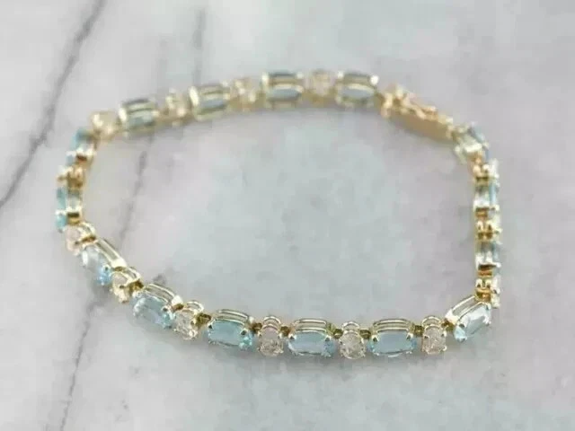 Теннисный браслет с аквамарином 12 карат овальный созданный в лаборатории 7 дюймов желтое золото 14 карат поверх - Изображение 4 из 4