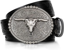 SANSTHS Cowboy Belts for Men 30-34 Wasit Adjustable, Black/Silver Bull Buckle