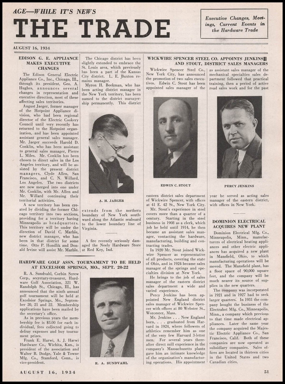 1934 A H Jaeger Photo Named General Sales Manager G E Hotpoint Article Print Ad