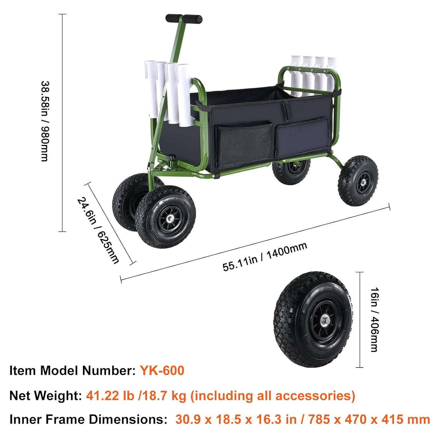 Heavy-Duty Fishing Cart, 300 Lbs Capacity, Foldable with 4 Big Wheels & Rod Hold