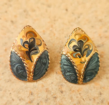 Vntg. Teardrop Earings  Swirled Enameled Pattern In Blue Gray & Ceam