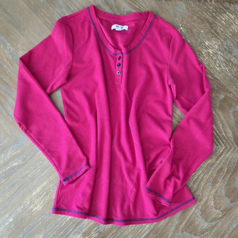 Conjunto de Roupa de Dormir Soma M | Top Henley Térmico Rosa Quente + Calça Pijama Xadrez Flanela - Imagem 2 de 4