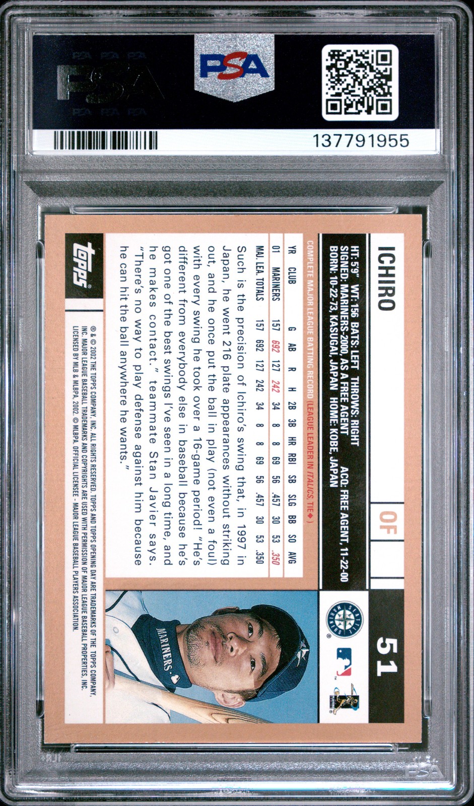 2002 TOPPS OPENING DAY #51 ICHIRO PSA 7 view 2