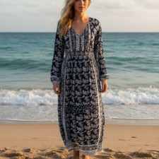 Raga Anthropologie Floral Boho Maxi Dress Womens S Navy Beach Lagenlook Resort