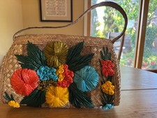 Vintage Straw Purse with colorful straw flowers