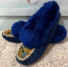 Vintage 1960s Suede Royal Blue Size 8 Fleece Lined SLIPPERS Moccasins