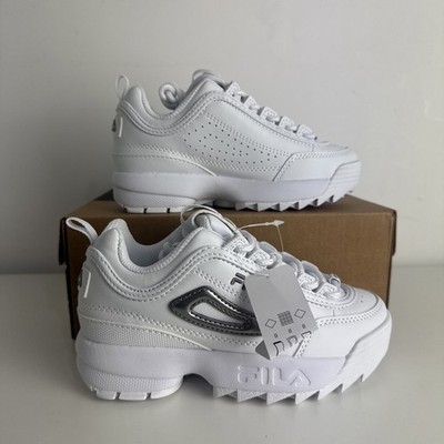 Fila Disruptor 2 Exp ältere Mädchen weiß silber Kunstleder Turnschuhe UK Größe 12