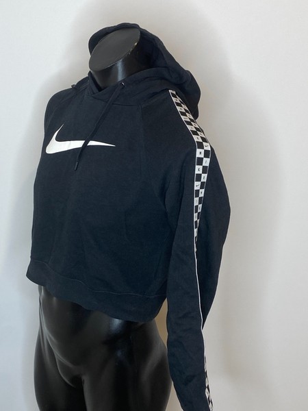 NIKE Women's Sportswear Club Black Cropped Tape Sleeve Pullover Hoodie - Size S