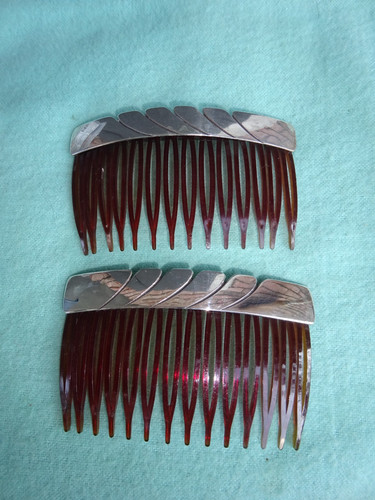 Vintage Matched Pair Sterling Silver 3" Long Hair Combs Engraved