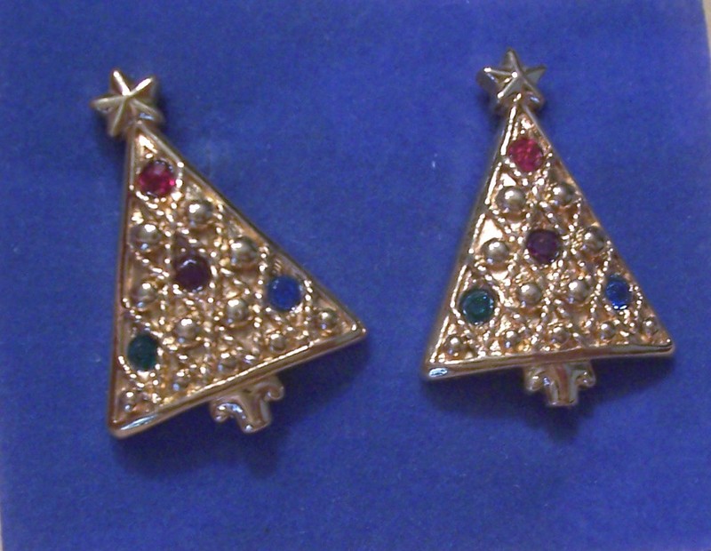 Christmas Tree Clip On Earrings w Embedded Rhinestones - Vintage  1-1/4" by 7/8"