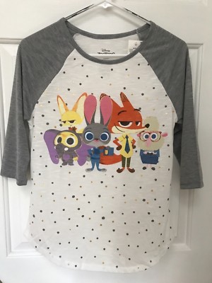 New DISNEY Zootopia Girls White Gray Graphic 3/4 Sleeve Tee Size M plus Shirt