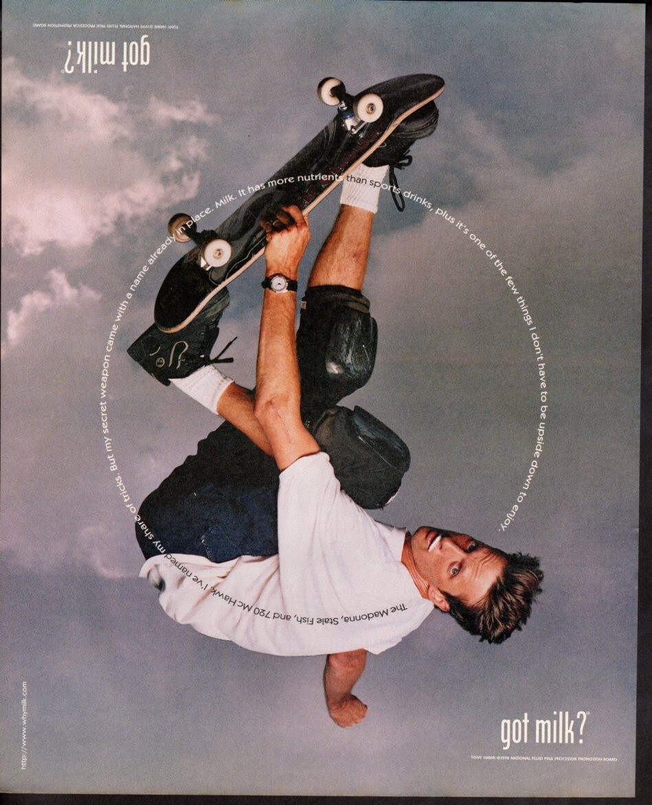 Vintage print advertisement GOT MILK Tony Hawk skateboard stale