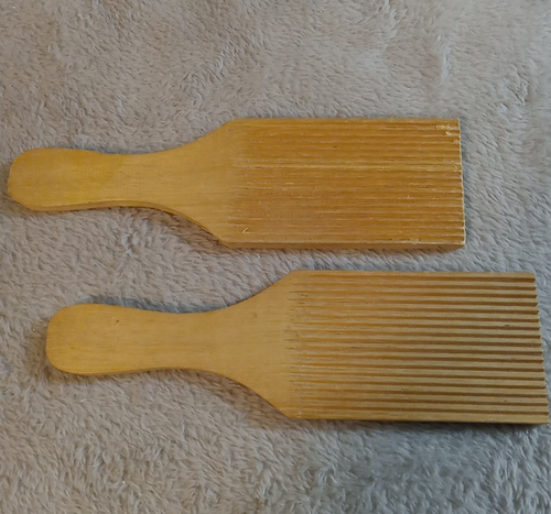 Antico set 2 palette burro in legno primitivo casale cucina 7x3" vintage - Foto 3 di 7