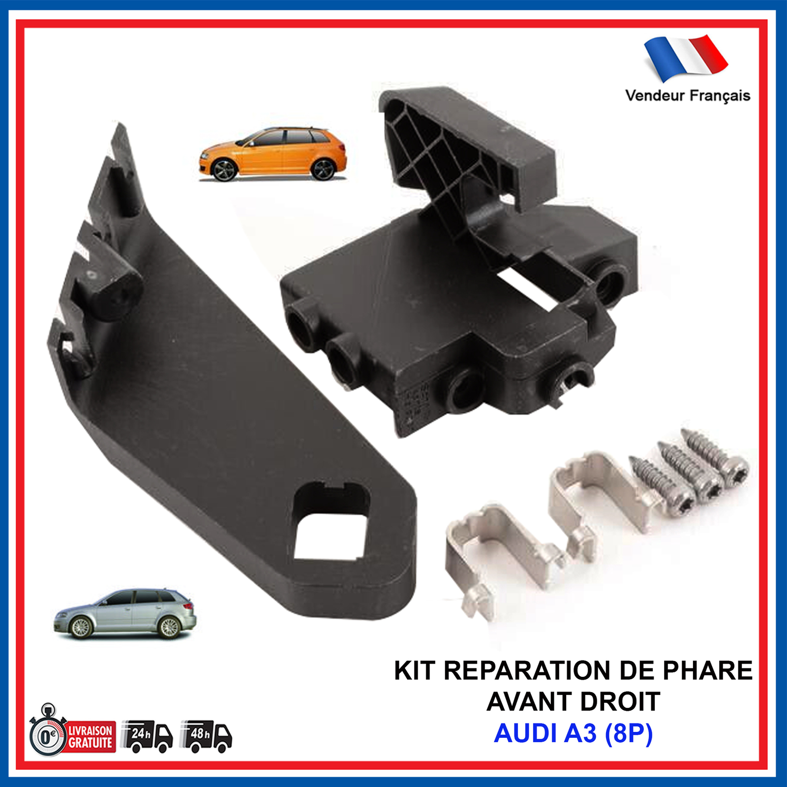 Kit fixation optique phare avant droite 8P0998122A pour Audi A3 8P