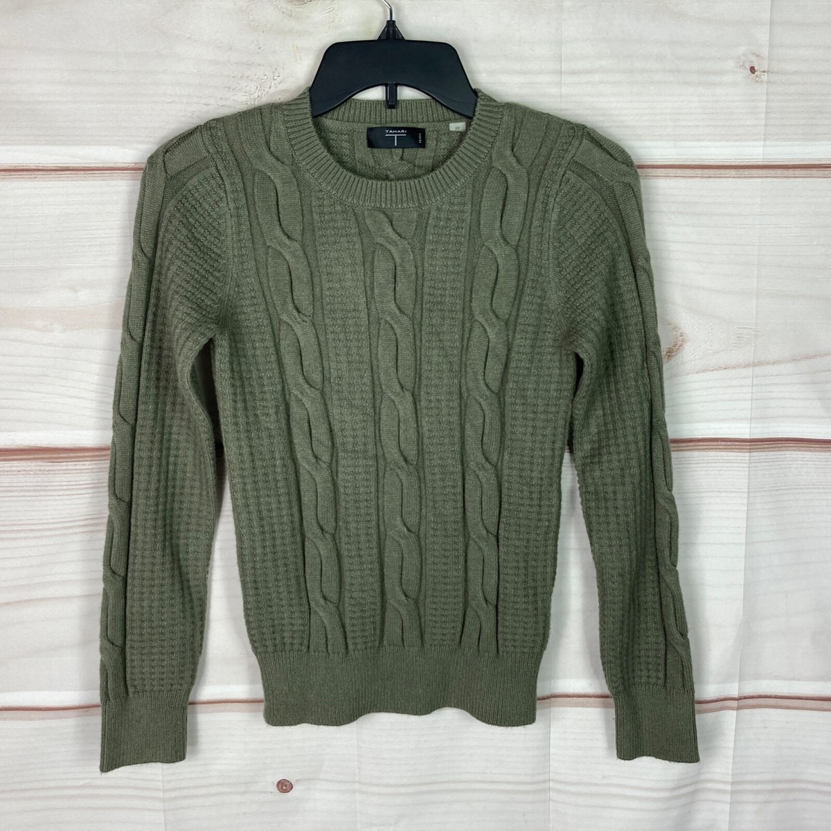 T Tahari Sweater Womens PP Green Cable Knit Pullover Crew Neck