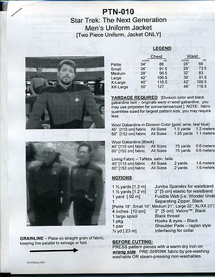 NEWLY REVISED Star Trek TNG Men's Uniform Jacket Pattern: P-XX