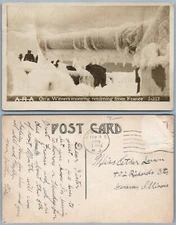 RETURNING FROM FRANCE MEN ON SHIP REMOVING ICE ANTIQUE REAL PHOTO POSTCARD RPPC