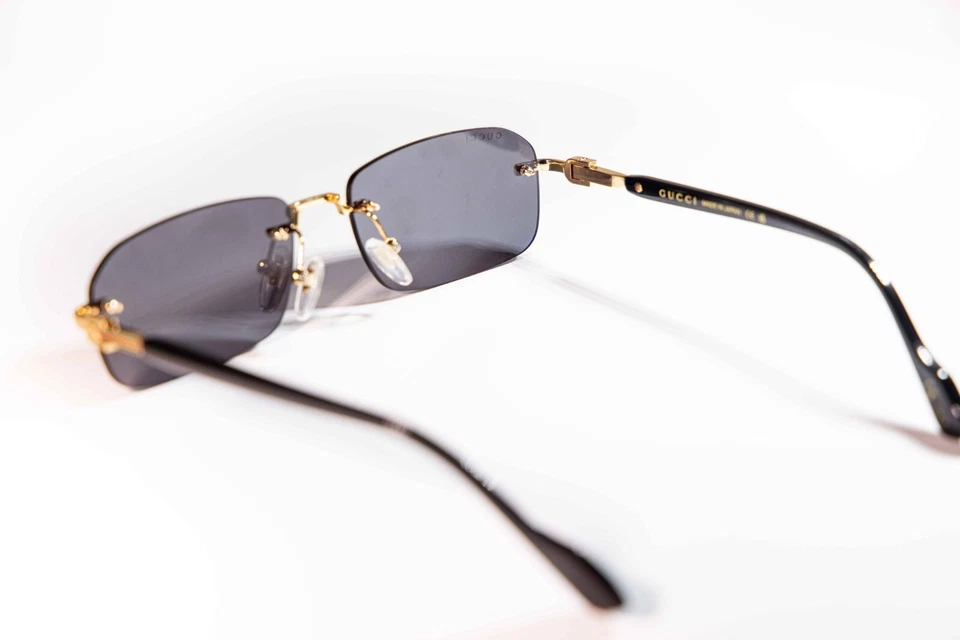 Gucci GG1221S 001 Gold-Black/Grey Rectangular Narrow Rimless Men's Sunglasses - Image 3 of 4