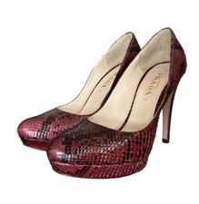 PRADA Burgundy Platform Pumps Python Leather Almond Toe, Size 37.5