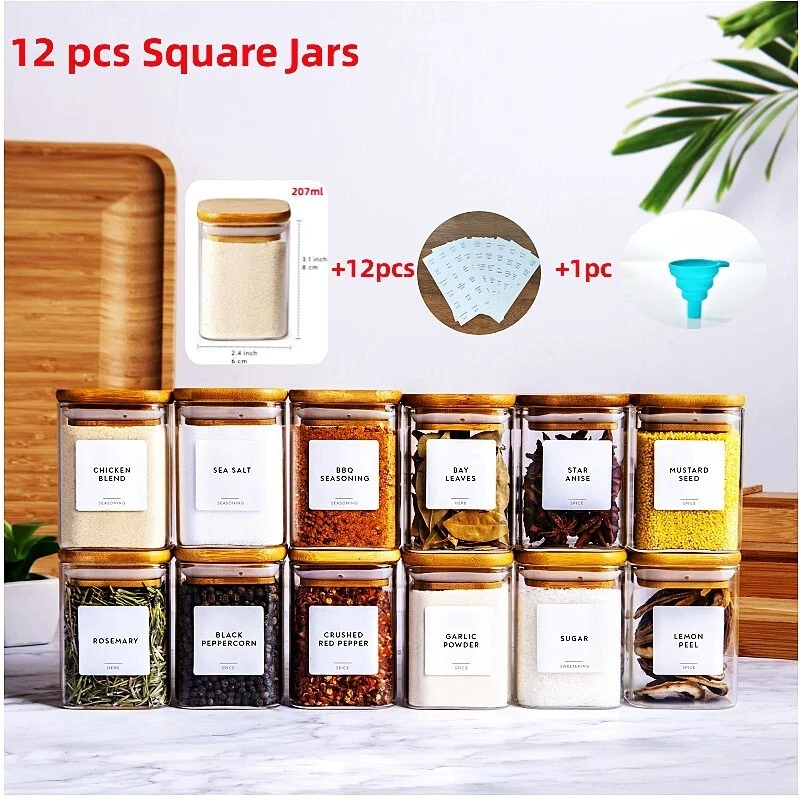 12 Pcs Square Glass Food Storage Containers Glass Seasoning Jars with bamboo lid