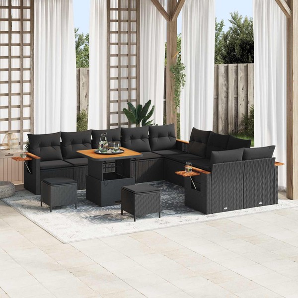 13-Teiliges Garten Sofaset Mit Kissen Schwarz Poly Rattan Akazie, 3-Teiliges Gar-image