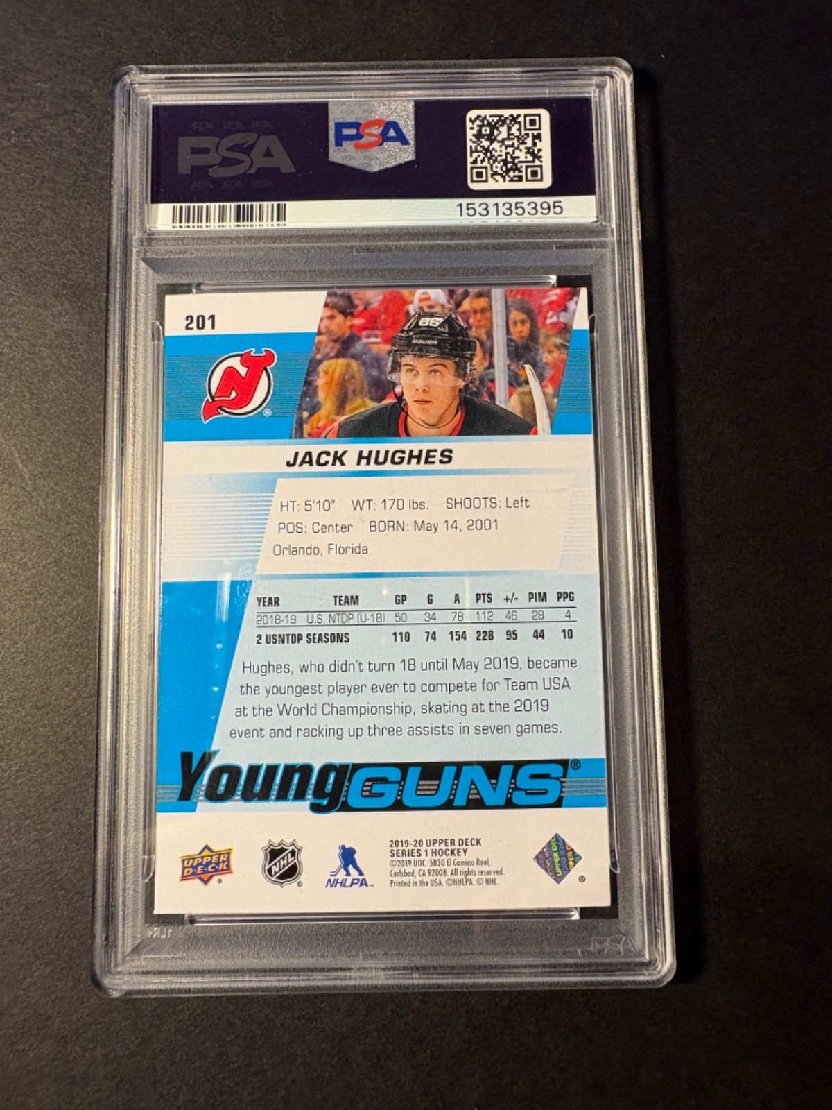 2019-20 Upper Deck - Young Guns Jack Hughes #201 (RC) PSA 9 Mint!! view 2