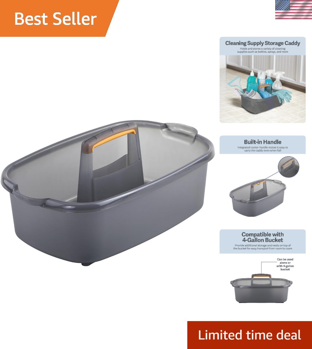 Compact 1.85 Gallon Plastic Cleaning Caddy - Versatile Storage Solution, Gray