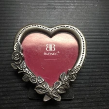 Vintage 1980s Burnes Heart-shaped Pewter Mini Photo Frame w/ Decorative Roses 3"