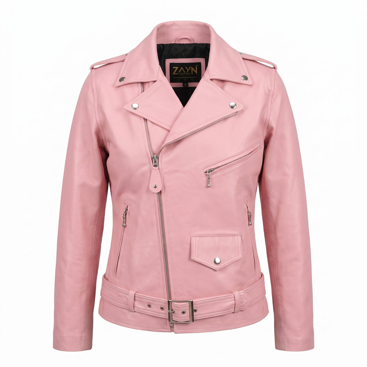 Women's Light Pink Lambskin Leather Moto Biker Jacket Belted