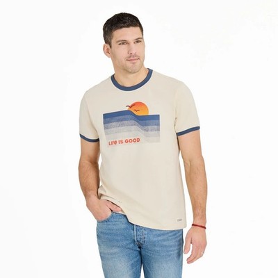 Life Is Good Wavy Sunset Classic Crusher Ringer Tee Men's Shirt, Putty White, Me