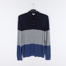 COS Men's Size Medium Navy Grey Blue Colourblock Fine Knit 100 Wool Polo Jumper