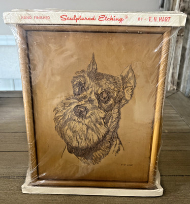 E. H. Hart Schnauzer Dog Wood Etching / Engraved 12 X 9¾ Wall Art Vintage Signed