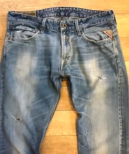 Mens REPLAY M966 JETO Slim Straight Fit W34 L34 Blue Denim Distressed Jeans