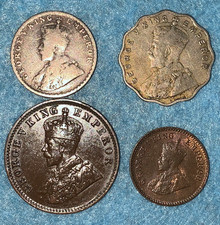 India George V 1914:Ag 1/4 Rupee 1914C, 1 Anna 1914B, 1/4A 1914C, 1/12A 1914C