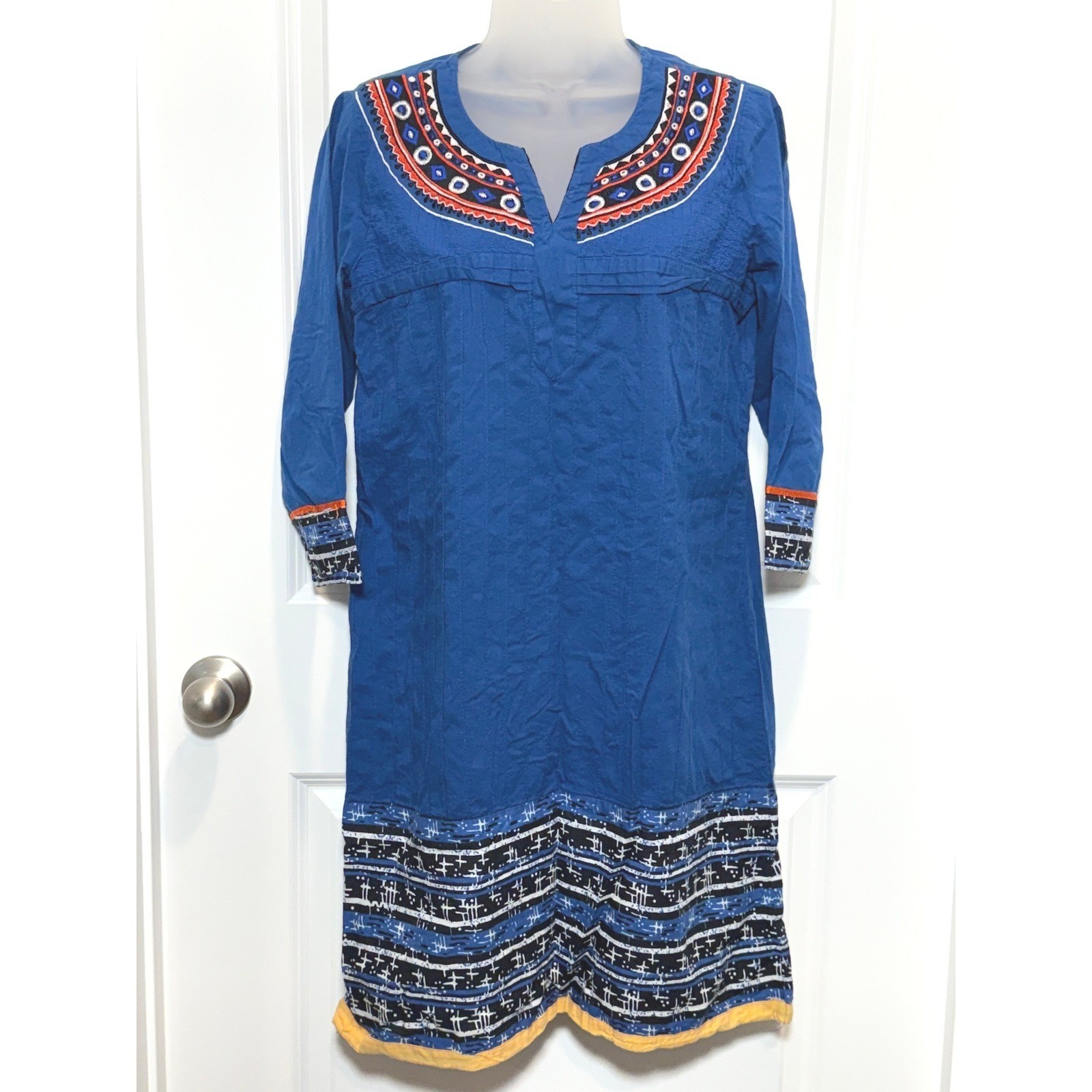 Rini Blue Embroidered Boho Tunic Dress XL Cotton V Neck 3/4 Sleeve Hippie