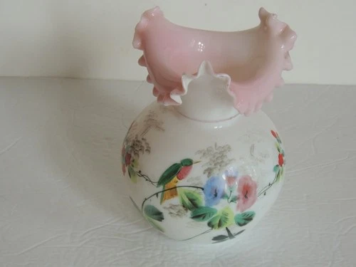 Vintage Bristol Fenton Glass Hand Painted Floral Bird Rosalene White Pink Vase